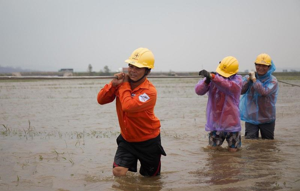 Công nhân điện lực Quảng Ngãi nỗ lực khắc phục sự cố tại một khu vực vẫn còn bị ngập sâu.